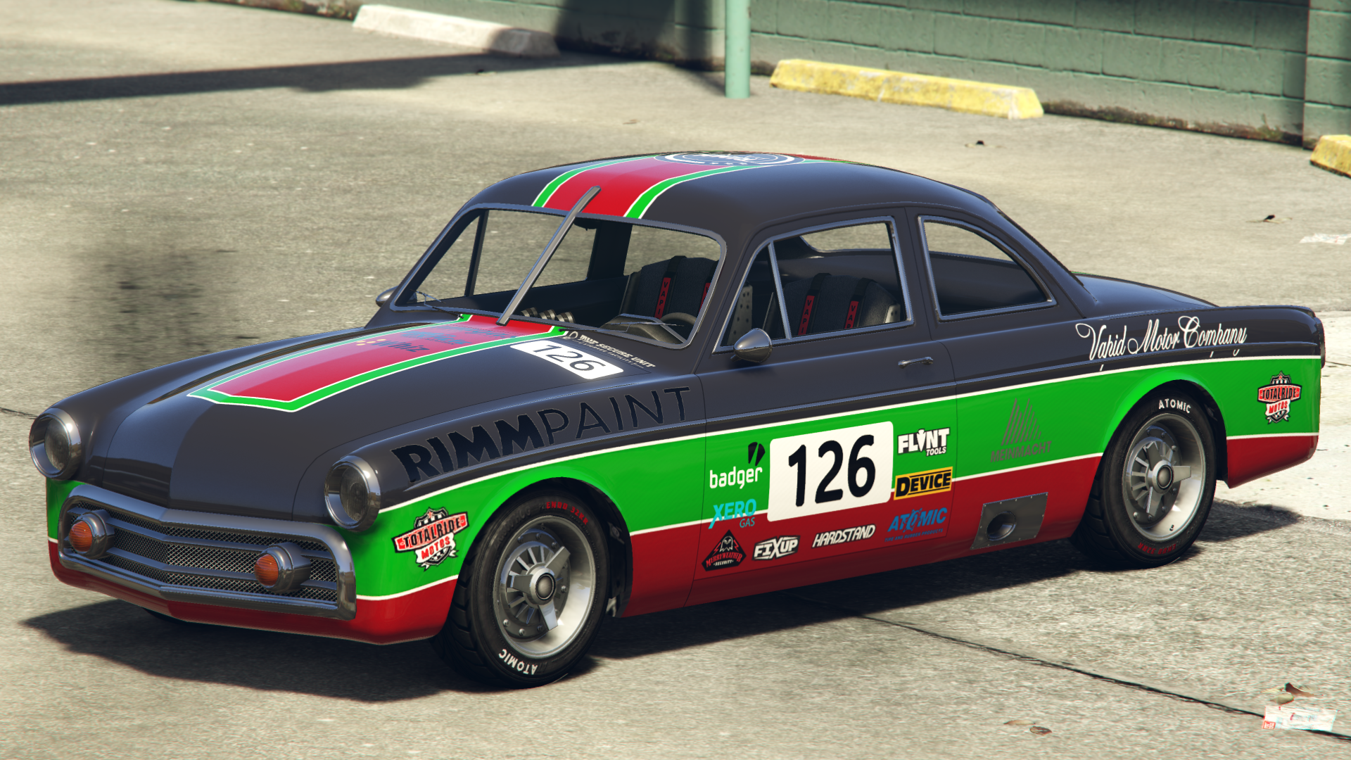 Rimm Paint RacerSponsors:Amigas, Atomic,Auto Exotic,Badger,Device,Fixup,Flint Tools,Hardstand,Meinmacht,Merryweather Security,The Secure Unit, Total Ride Motors, Vapid,WhizandXero.