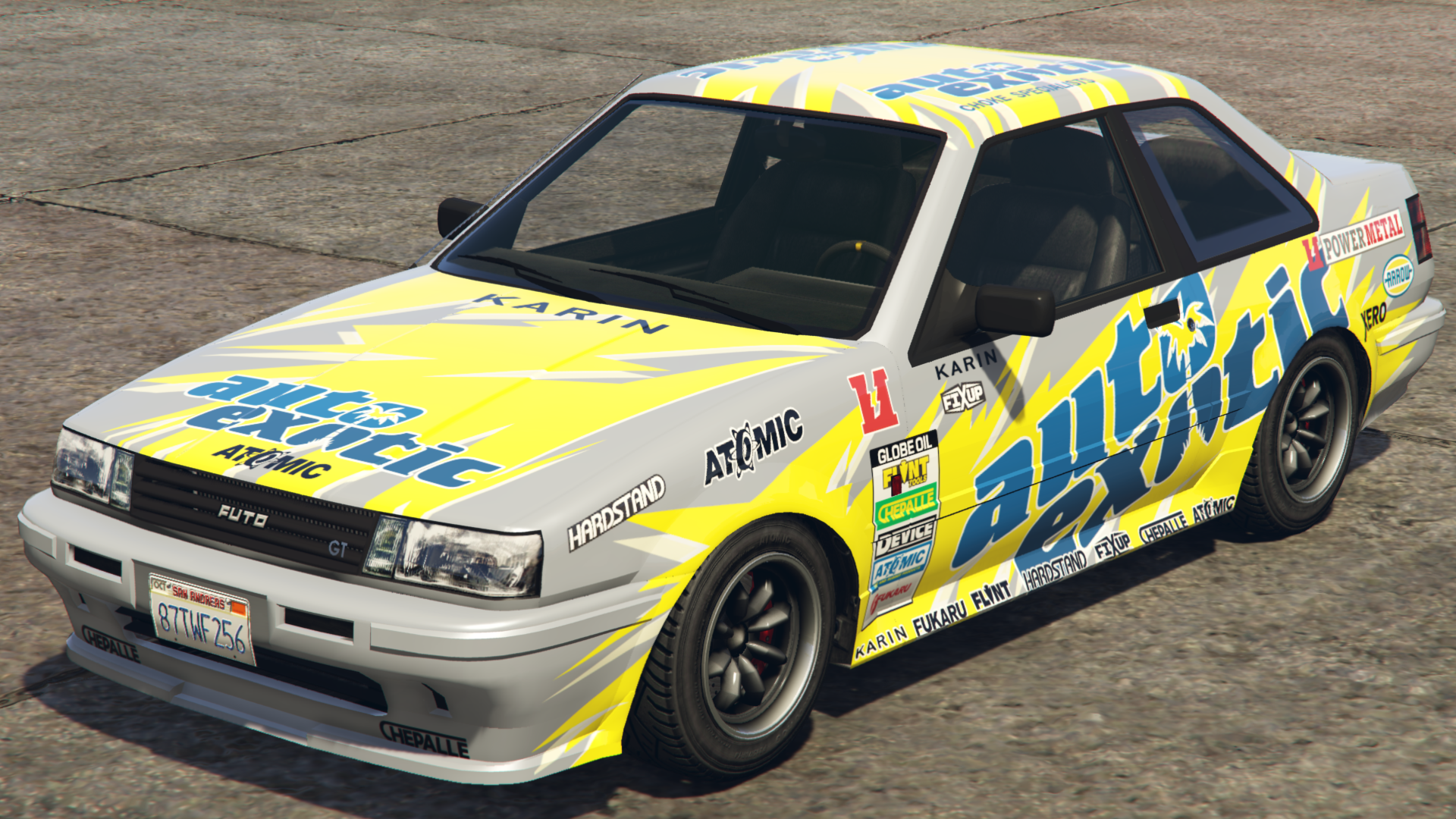 TeamAuto ExoticSponsors:Arrow Gasoline, Atomic, Chepalle, Device, Fixup, Flint Tools, Fukaru,Globe Oil, Hardstand, Karin,Power MetalandXero.