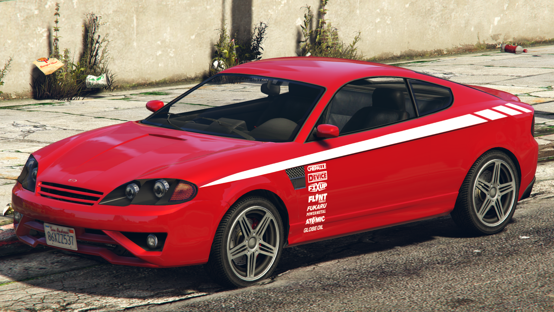 White Racing StripeSponsors: Atomic, Chepalle,Device, Fixup, Flint Tools, Fukaru, Globe Oil andPower Metal.