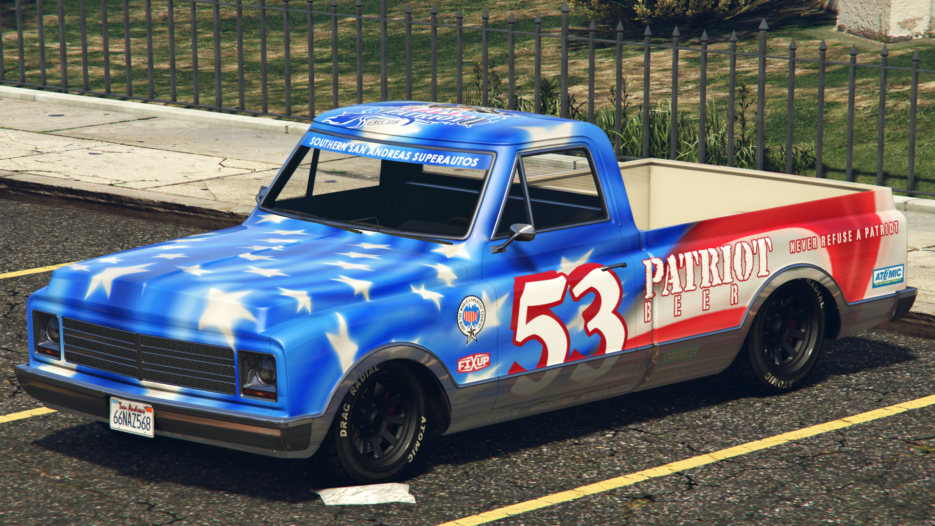 The PatriotSponsors: Atomic, Chepalle, Device, Fixup, Harstand,Patriot Beer, Power Metal,Southern San Andreas Super Autosand Terroil.